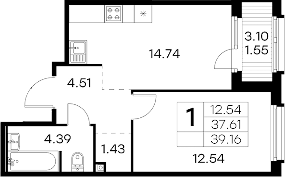 1-комнатная квартира 39.16 м², 10/15 эт., ЖК «GloraX Парголово»